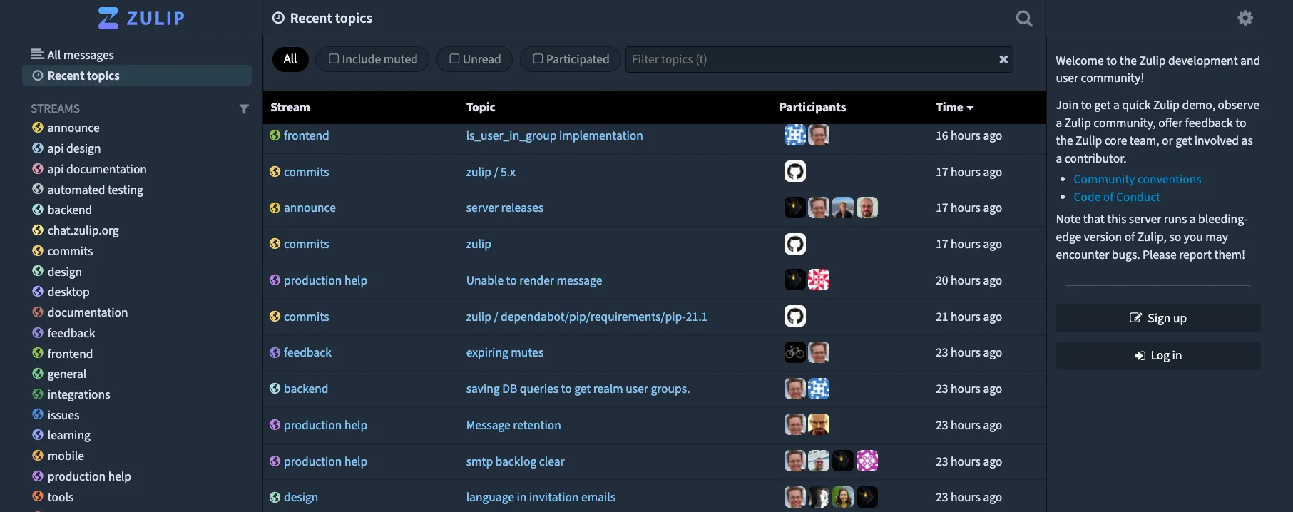 Recent topics in the Zulip development community